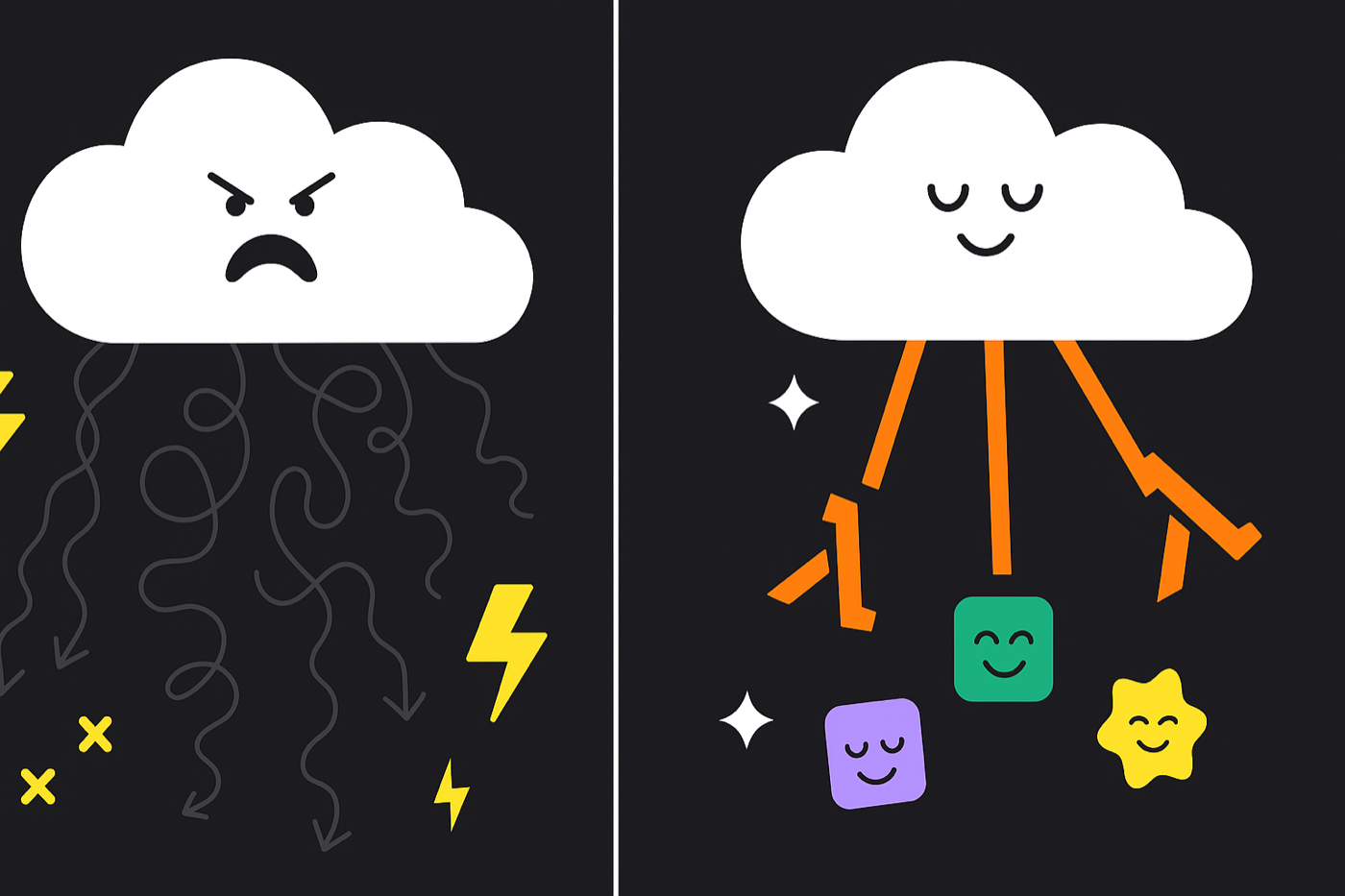 An angry storm cloud raining tangled arrows next to a happy cloud raining tidy lightning bolts